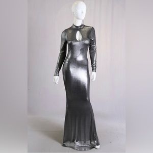 : - Key Hole Metallic Silver Long Dress